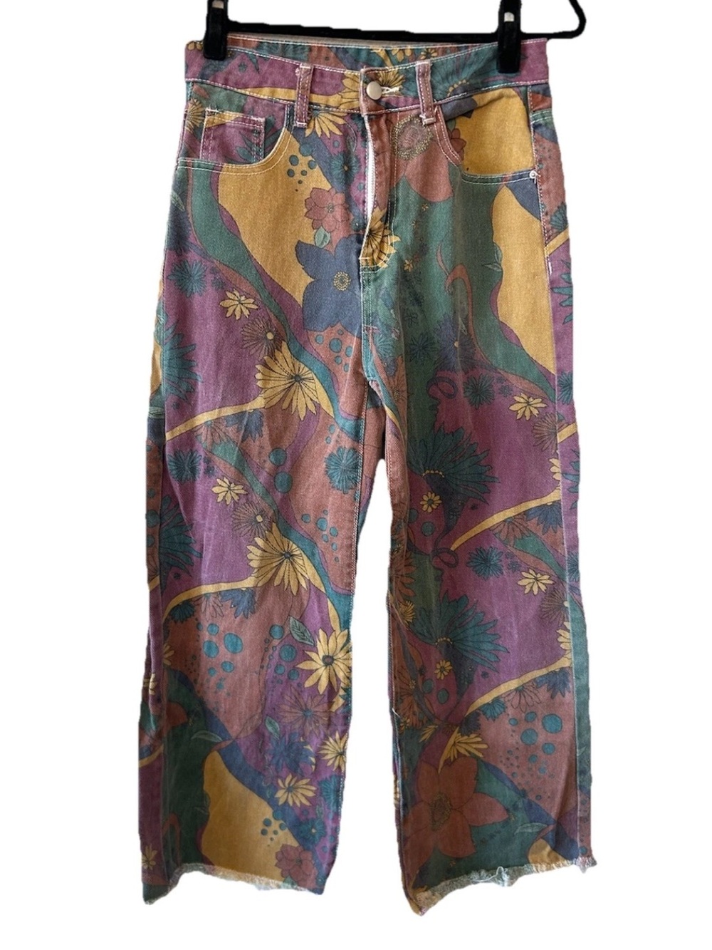 Vintage Psychedelic Floral Wide Leg Jeans Multi Colored Hippie Boho Festival S/M - Picture 14 of 15